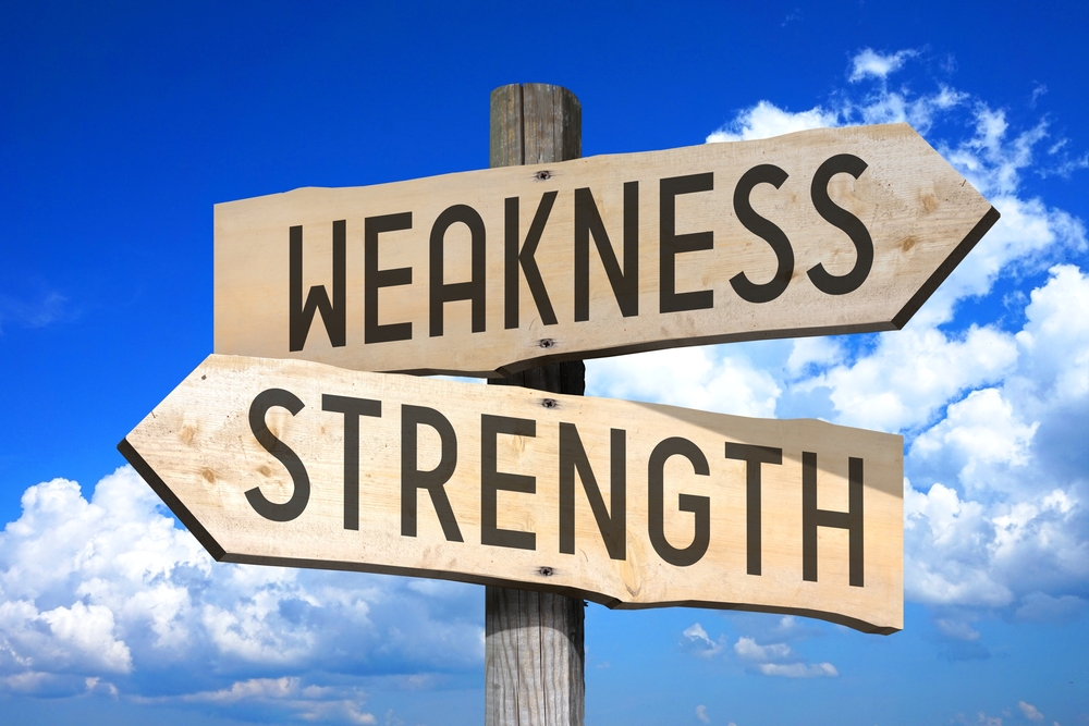 weakness and strength wooden signpost